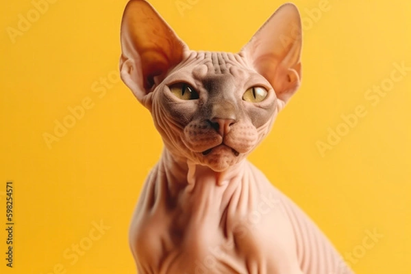 Fototapeta Happy Cheerful Cat Sphynx On Light Yellow Background. Generative AI