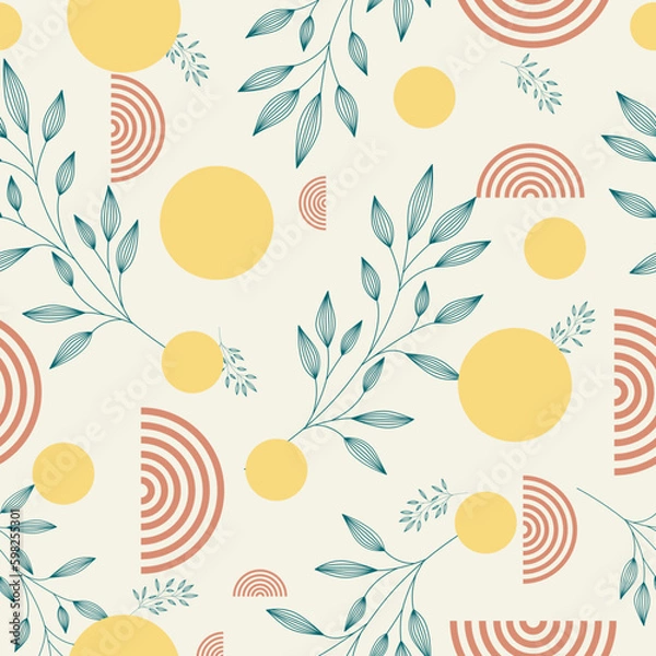Fototapeta Seamless vector pattern with hand-drawn plants on a light background. Floral seamless pattern with circles.