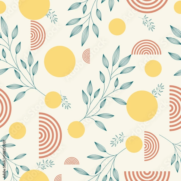 Fototapeta Seamless vector pattern with hand-drawn plants on a light background. Floral seamless pattern with circles