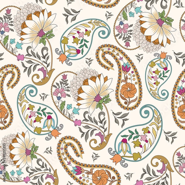 Fototapeta seamless pattern with decorative paisley, small and big flowers, and leaves in pastel tint.