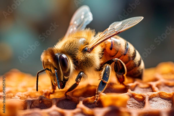 Fototapeta A close up of a bee on a honeycomb. Generative AI