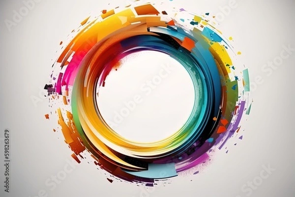 Fototapeta Abstract colorful circle frame made of liquid paint explosion with drops with empty white space.