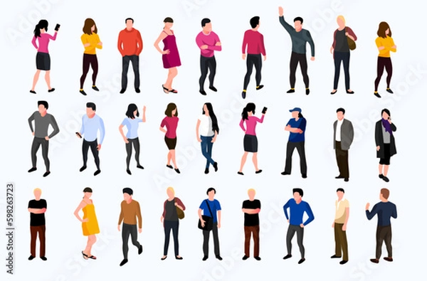 Fototapeta Collection of different standing people isolated on white background. Generative AI