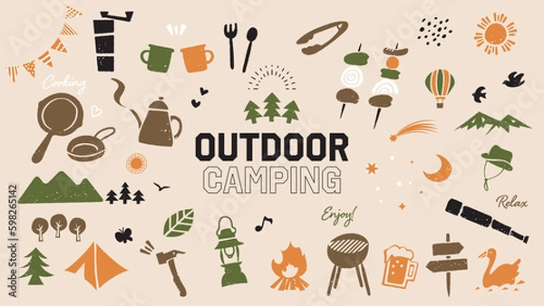 Fototapeta キャンプグッズ、アウトドア用品とレジャーのベクターアイコンイラスト素材セット。シンプルカラー