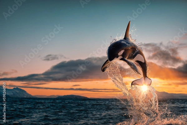 Fototapeta Killer whale aka Orca leaping from sunset ocean water with splashes, Norway fjord at background