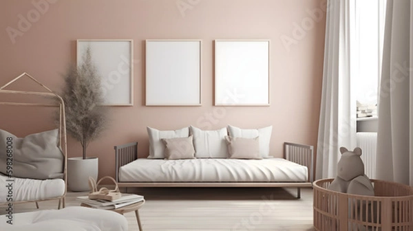 Fototapeta Mockup frame in interior background, room in light pastel colors, Scandi-Boho style, 3d render. High quality 3d illustration