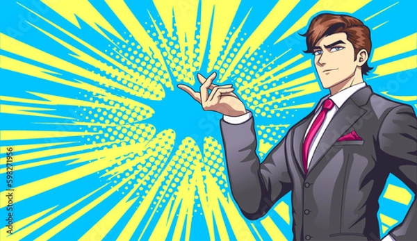 Obraz Man in a business suit in the style of manga and anime. Successful young businessman.
