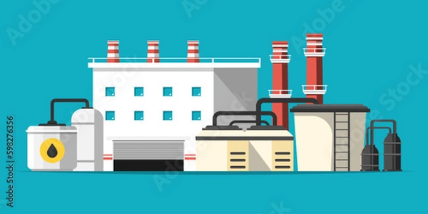 Obraz Cartoon oil refinery factory on isolated background, Digital marketing illustration.