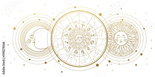 Obraz Zodiac wheel with 12 signs and constellations, horoscope vintage banner with golden sun and moon isolated on white, astrology background. Hand drawn vector illustration.