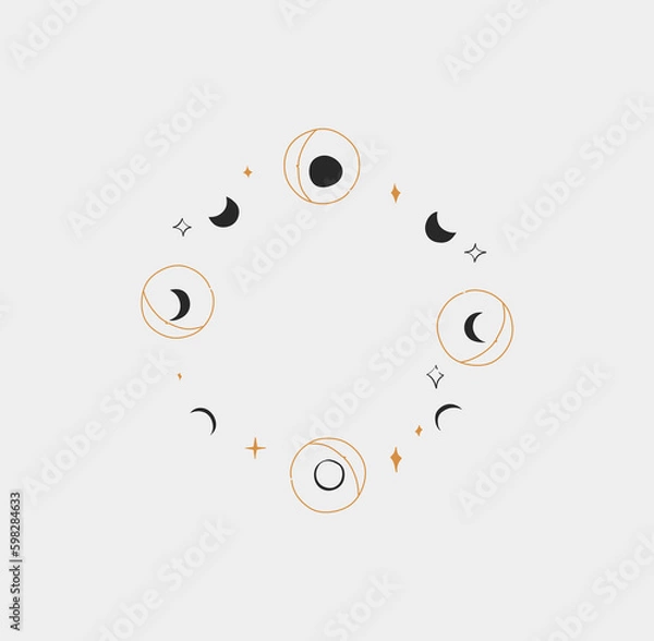 Fototapeta Hand drawn vector abstract,graphic art magic moon phases and stars in minimalistic modern line art style.Moon and star sign outline design concept.Outline moon silhouette.Celestial moon phases circle.