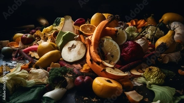 Obraz Food loss and food waste. Uneaten spoiled vegetables and fruits thrown in the garbage container. Unwanted rotten veggies in the trash. Generative AI.
