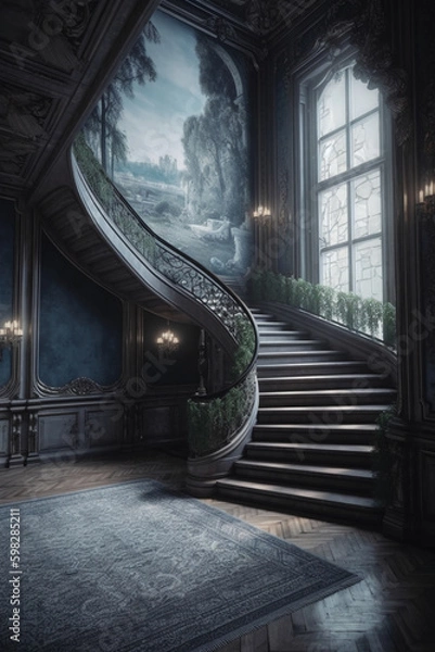 Fototapeta Castle staircase backdrop, luxury, interior design. AI generative