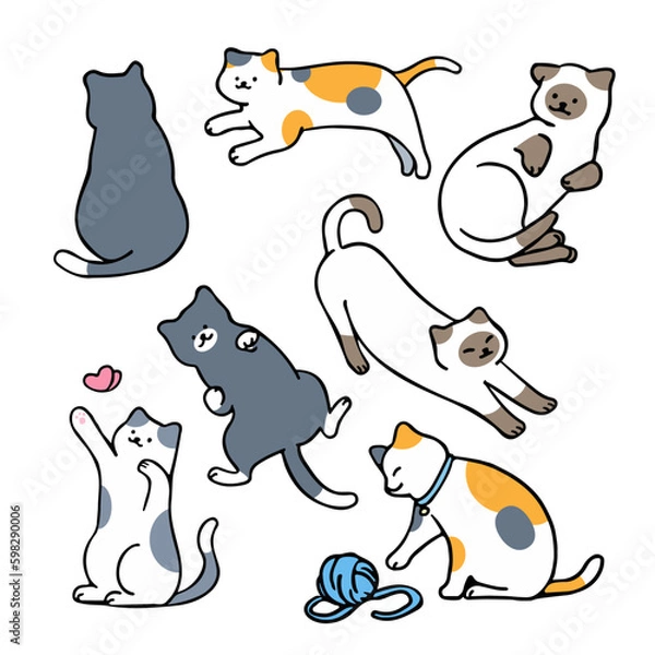 Obraz Flat, minimal vector illustration of cats in different poses, with outline style character design.