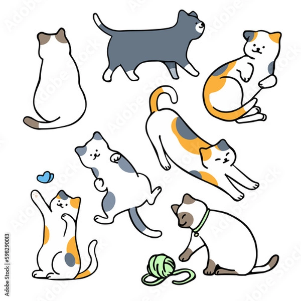 Obraz Flat, minimal vector illustration of cats in different poses, with outline style character design.