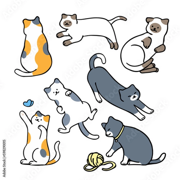 Obraz Flat, minimal vector illustration of cats in different poses, with outline style character design.