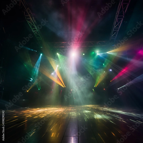 Obraz A stage club with multi colored bright stage lights and laser beams through a smokey atmosphere background. A.I. generated.