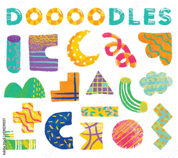Obraz Abstract hand drawn set various shapes and doodle objects illustration. Crayon style design elements.