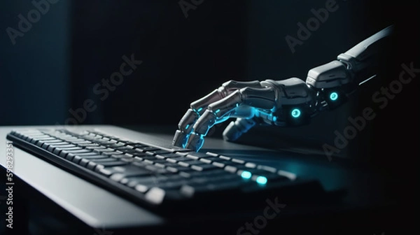 Fototapeta Metallic hand emerging from laptop screen and working on computer keyboard. Generative AI