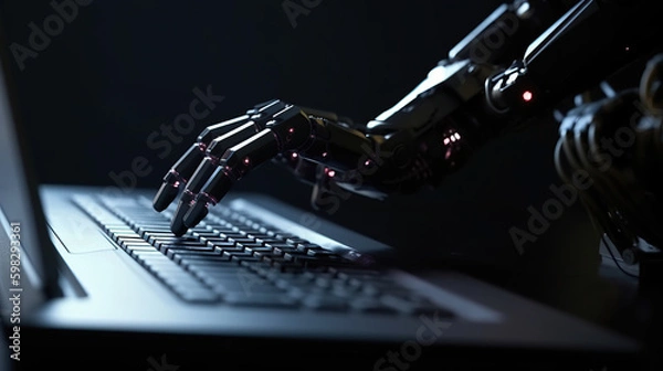 Fototapeta Robot hand typing on laptop with light background and sci-fi concept. Generative AI