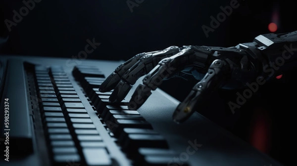 Fototapeta Robot hand and laptop keyboard with selective focus and cinematic effect. Generative AI