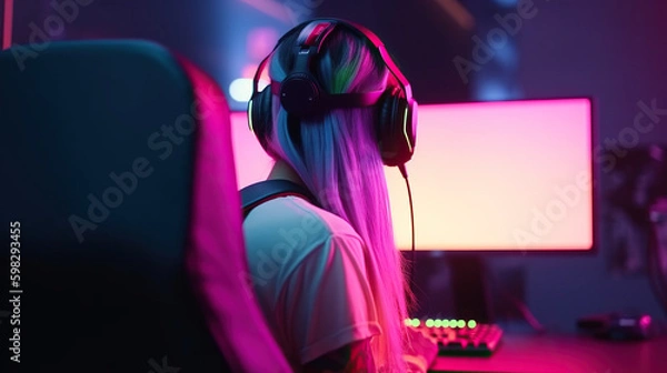 Obraz Beautiful teenage girl working on PC with neon lights. Generative AI