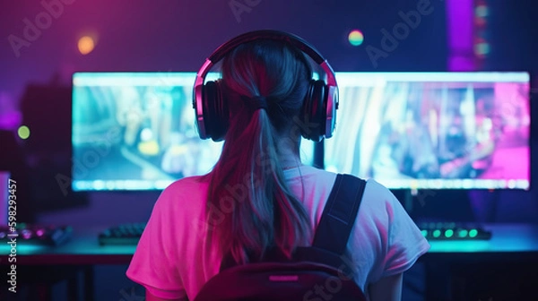 Obraz Online FPS gamer girl on her PC from behind. Generative AI