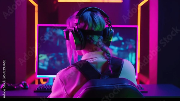 Fototapeta Pro gamer girl playing online FPS game on PC with neon lights. Generative AI