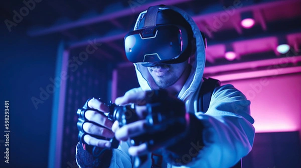 Obraz VR headset, gloves, and projector for futuristic gaming. Generative AI