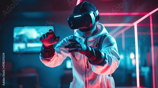 Fototapeta Futuristic gamer with VR gear and neon accents. Generative AI