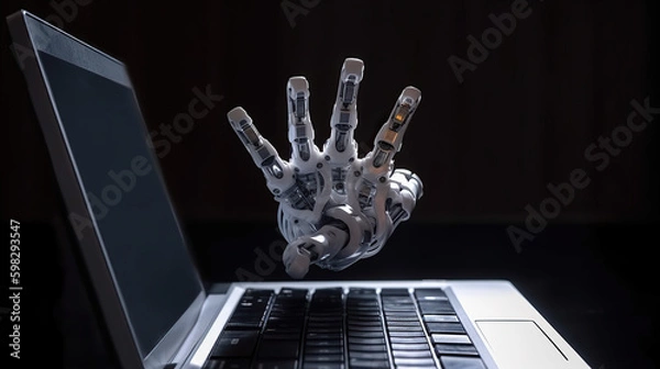 Fototapeta Futuristic robot hand working on laptop with bright light. Generative AI