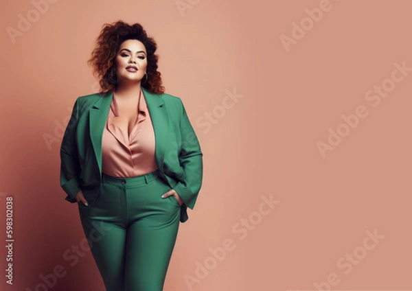 Obraz confident curvy model presents vibrant autumn fashion on one colored background. generative ai