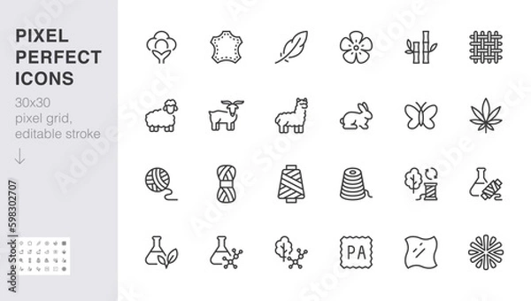 Fototapeta Fabric material line icon set. Linen, leather, cotton, bamboo, cashmere, mohair minimal vector illustration. Simple outline sign for clothing textile feature. 30x30 Pixel Perfect, Editable Stroke