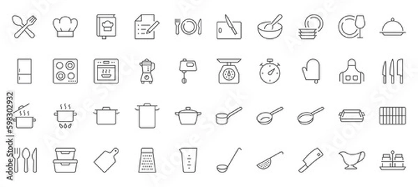 Fototapeta Cooking line icons set. Kitchen utensil - pan, oven, cookbook, saucepan, weight, chef hat, blender, glass crockery, casserole vector illustration. Outline signs for food recipe. Editable Stroke