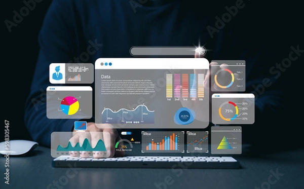 Obraz Key Performance Indicator (KPI) using Business Intelligence (BI) metrics to measure achievement versus planned target, person touching screen icon, success.
