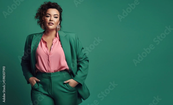 Obraz fashion shot of woman with chubby figure in a modern emerald green pant suit on a emerald green background. generative ai