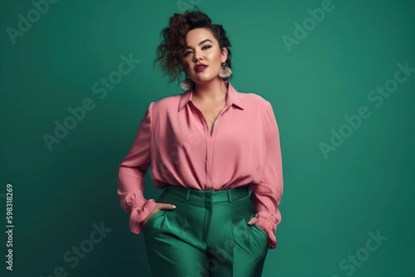 Obraz beautiful plus size woman with modern fashionable outfit in emerald and pink. generative ai