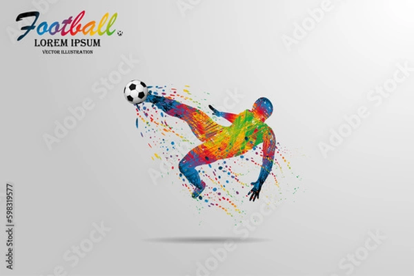 Fototapeta Visual animated drawings for the best football or soccer players with the speed of fast running and jump kicking the ball in the stadium. Beautiful design template for winner sport vector game