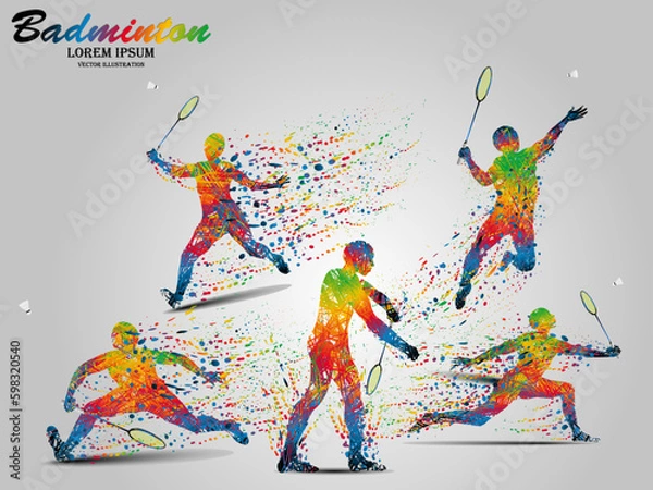 Fototapeta Visual drawing movement to badminton sport and jumper at fast of speed on stadium, colorful beautiful design style on white background for vector illustration, exercise sport concept, the winner game
