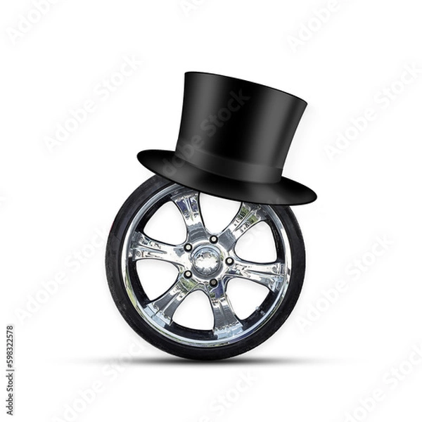 Fototapeta Happy Father's Day background. Car wheel, and hat cylinder, isolated on a white background. Holidays.
