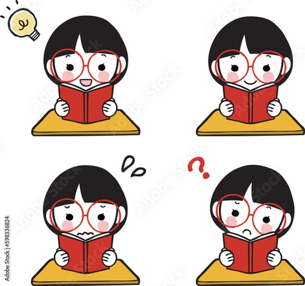 Fototapeta 本を読む女の子のイラストセット