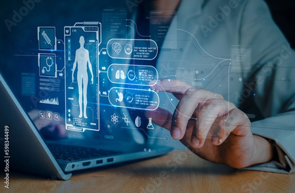 Fototapeta Medical technology and futuristic concept.Digital healthcare and network on modern virtual screen.Health Check with digital system support for patient with medical icon at hospital.Global health care.