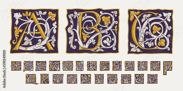Obraz Alphabet drop cap set. Square medieval initials with gold texture and white vine. Renaissance calligraphy emblems.