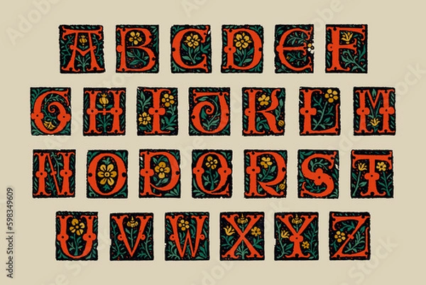 Obraz Medieval alphabet. Grunge gothic initials. 16th century engraved drop caps. Blackletter style vintage font.