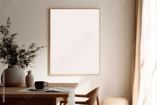 Fototapeta Warm neutral wabi sabi style minimalist interior mockup with poster frame with wooden dining table, chair, jute decoration, ceramic jug, plant, sunlight and shadow, against empty wall. 3d rendering