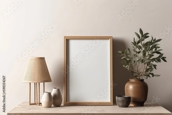 Fototapeta Warm neutral wabi sabi style minimalist interior mockup with black portrait poster frame, jute decoration, ceramic jug, table, desk lamp, and dried herb, branches, against empty concrete wall.
