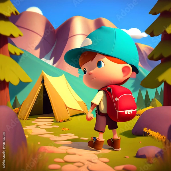 Fototapeta Credible_Hiking_and_camping_hilly_area_volumetric_lighting