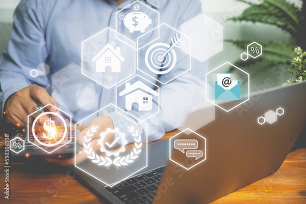 Fototapeta Businessman use a calculator calculated investment of property real estate for profit. Setting strategy marketing residential for investment. financial, banking, loan, and business concept.