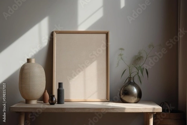 Fototapeta Warm neutral wabi sabi style minimalist interior mockup with poster frames, jute decoration, candles, ceramic jug, table, and dried plant, branches, against empty wall.