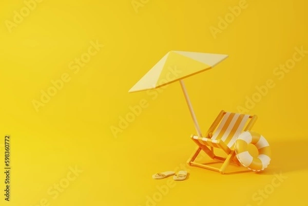 Obraz Yellow summer background with umbrella, swimming ring, beach chair and sandals. Tropical holidays vacation concept. 3D rendering
