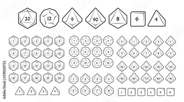 Fototapeta D4, D6, D8, D10, D12, and D20 Dice Icons for Boardgames With Numbers, Line Style